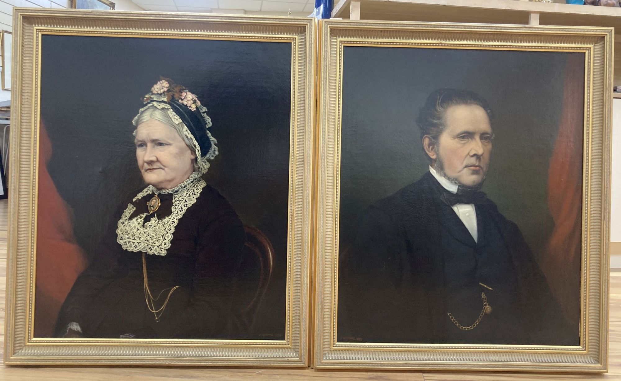 English School c.1890, pair of oils on canvas, Half length portraits of a husband and wife, 75 x 62cm